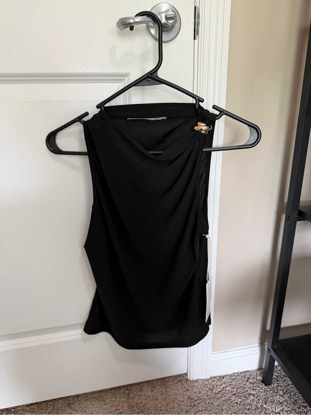 Altar'd State Black Draped Halter Shell with Gold Accent